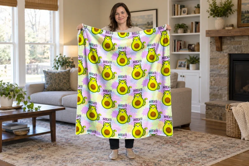Woman holding the full Avocato cat blanket open in a light living room, showing green avocado cats and pastel stars repeated edge to edge.