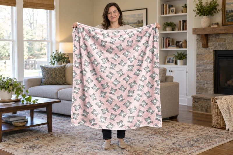 Woman holding open a pink cat flannel blanket with gray kittens, white faces, rosy cheeks, and white hearts.