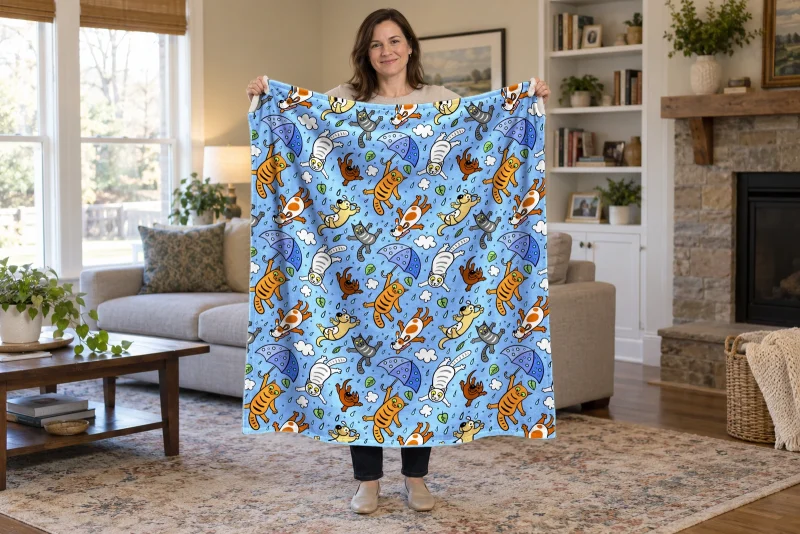Woman holding open a bright blue flannel blanket printed with cartoon cats and dogs falling under umbrellas, with white clouds, green leaves, and raindrops.