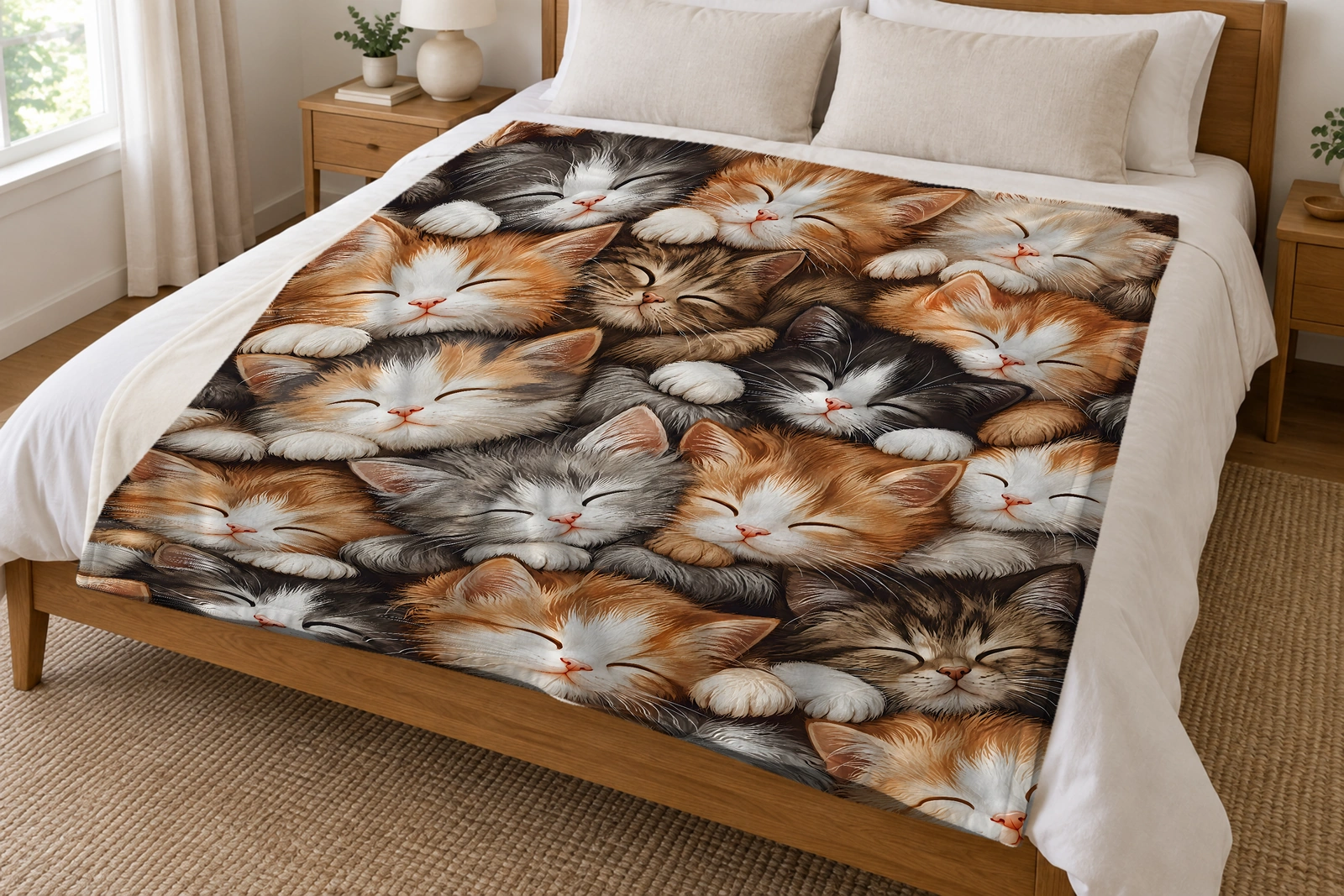 Sleeping cat blanket with fluffy orange, gray, cream, and black-and-white kittens nestled cheek to cheek spread across a bed in a bright neutral bedroom.