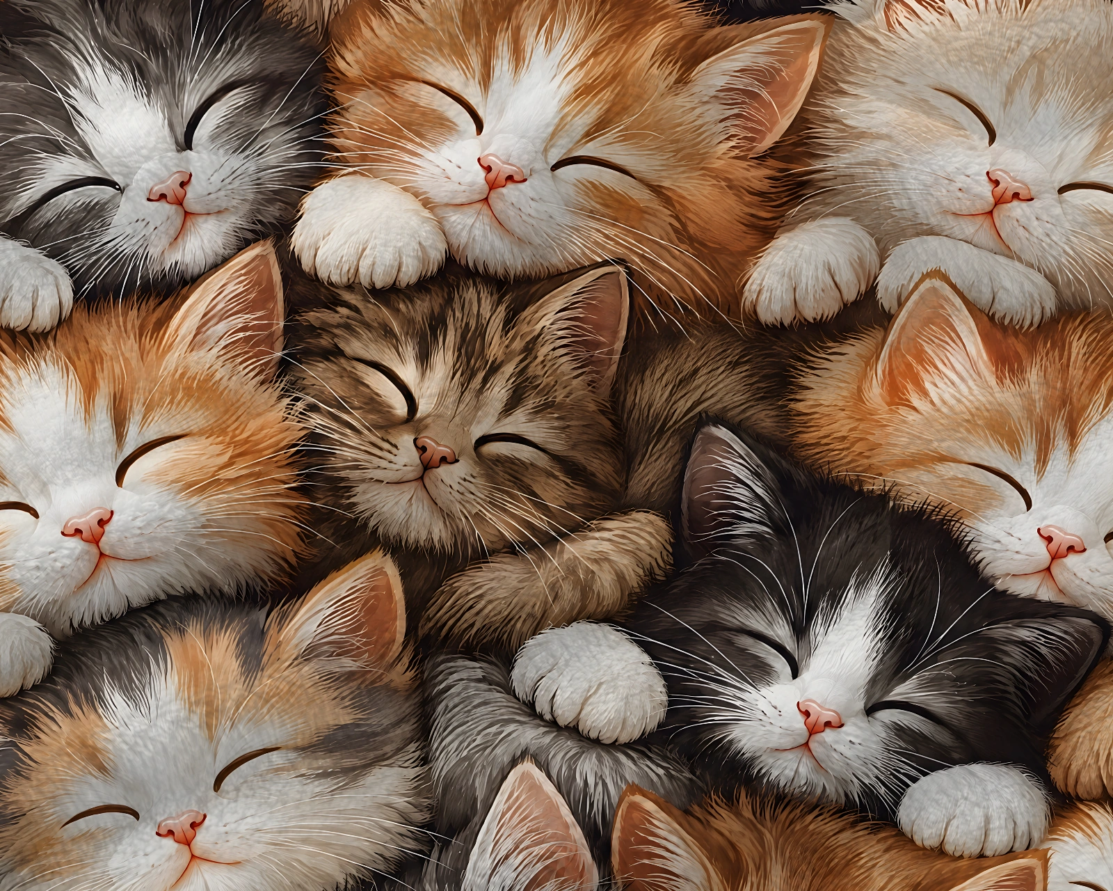 Close-up of the sleeping cat blanket with fluffy orange, gray, cream, and black-and-white kittens nestled cheek to cheek design on soft flannel fabric.
