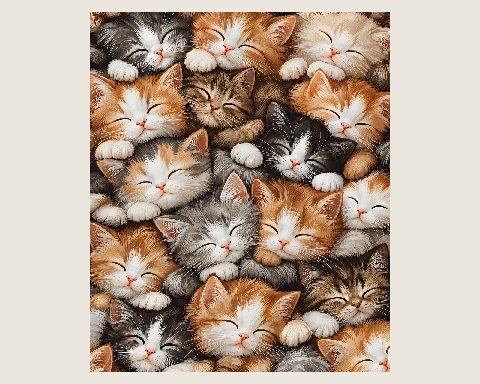 Full flat view of the 50 by 60 inch sleeping cat blanket with fluffy orange, gray, cream, and black-and-white kittens nestled cheek to cheek.