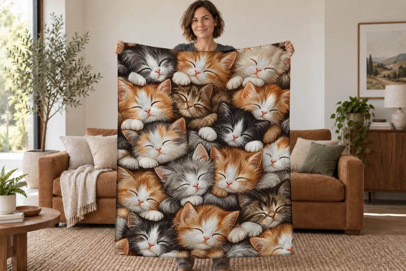 Woman holding open a sleeping cat blanket with fluffy orange, gray, cream, and black-and-white kittens nestled cheek to cheek in a bright room.