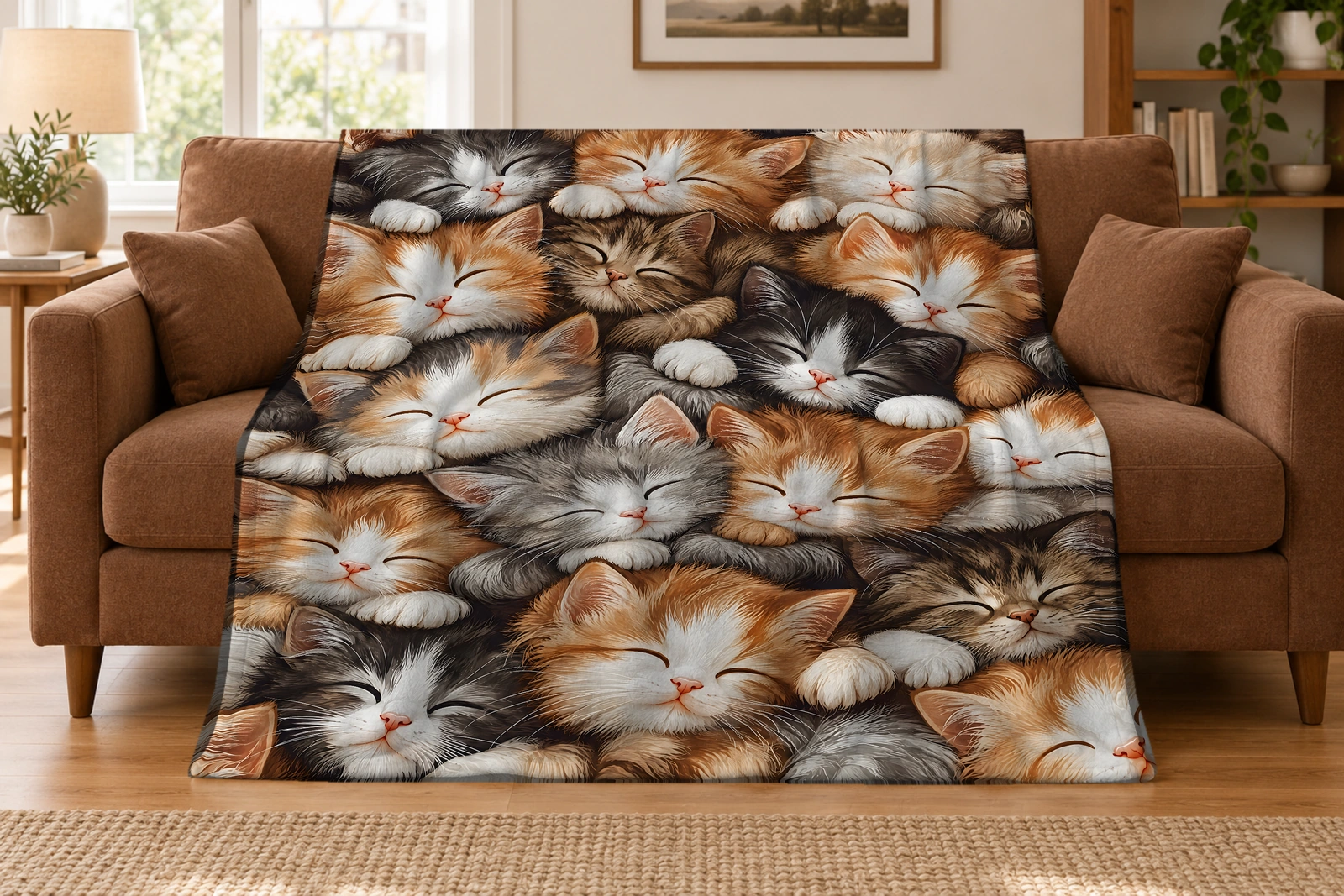 Sleeping cat blanket with fluffy orange, gray, cream, and black-and-white kittens nestled cheek to cheek draped over a warm brown sofa.